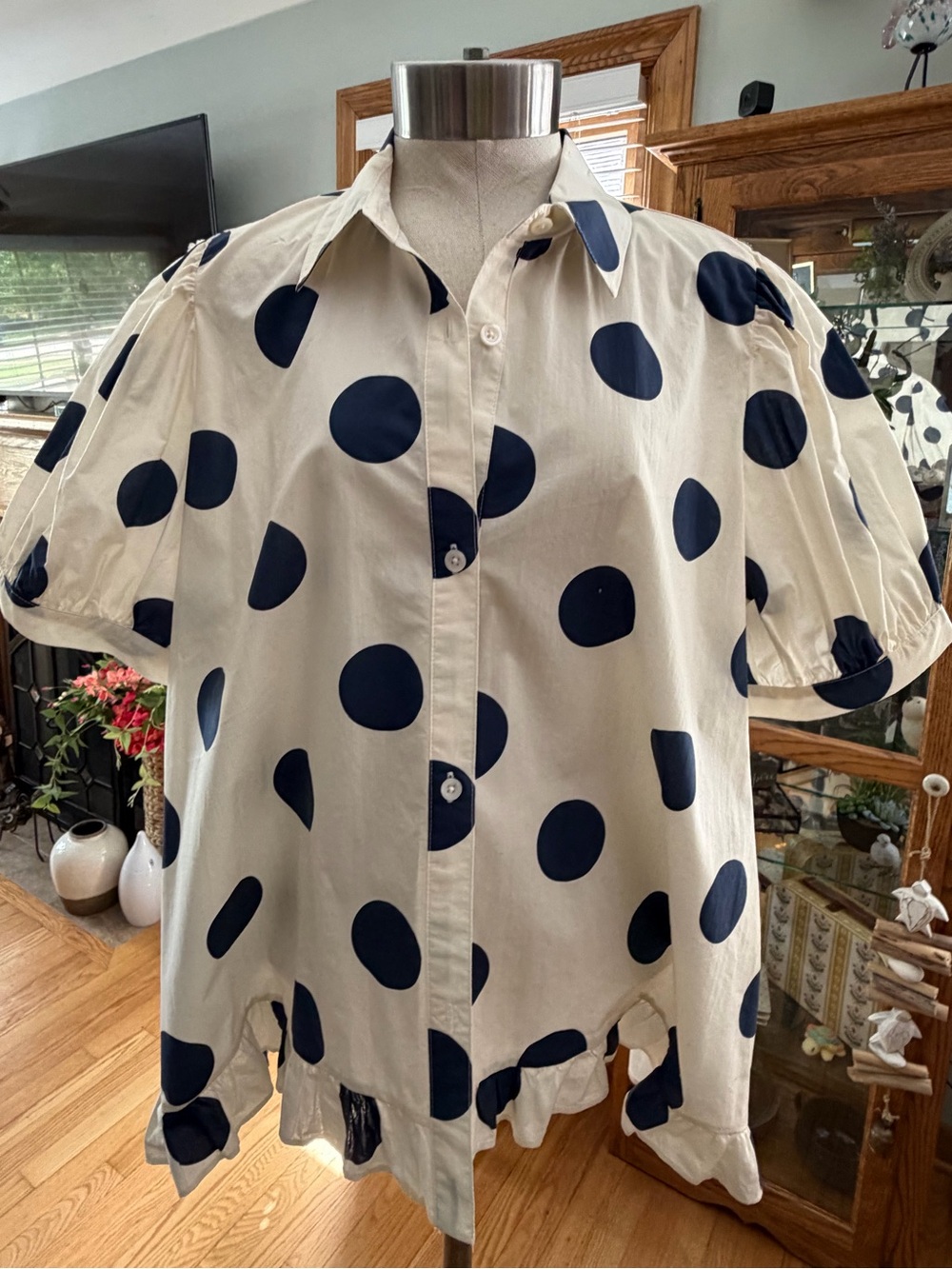 Peach Love California Cream Short-Sleeve Button-Up Shirt with Navy Polka Dots